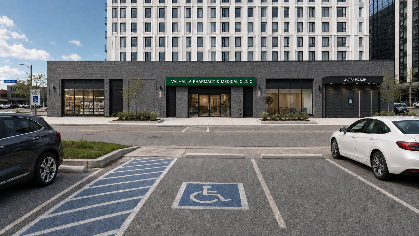 Photorealistic exterior of Valhalla Medical Pharmacy showing the shared storefront entrance and 24/7 Rx pickup lockers
